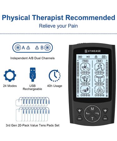 Stimease TENS Unit: 24 Modes Dual Channel TENS EMS Muscle Stimulator with 20 Electrode Pads - Buy Online on GoSupps.com