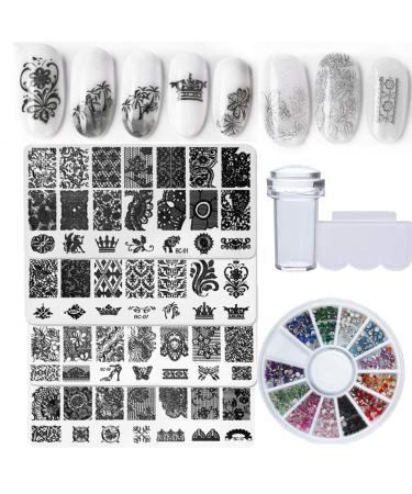Nail Stamper Kit 4pcs Nail Art Stamping Plates Flower Leaves Image Template with Clear Stamper and Scraper Decoration Rhinestones for Nails Manicure DIY Design Bi015b
