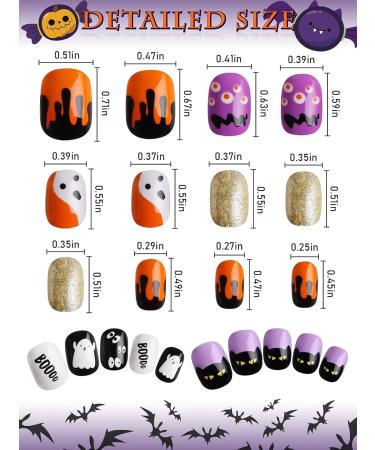 Kalolary 144 PCS Halloween Kids False Nails - Press On Fake Fingernail Kit with Skull Bat & Ghost Patterns for Girls - Short Full Cover Nail Art Decoration - Buy Online on GoSupps.com