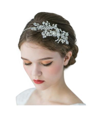 SWEETV Handmade Pearl Wedding Headbands for Women Silver Rhinestone Hair Band Bridal Headpieces for Bride Hair Jewelry Accessories