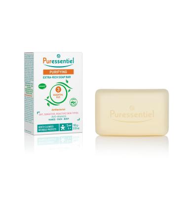 Puressentiel Purifying Extra-Rich Soap Bar 100gr - Face Hands and Body - Suitable for Dry Sensitive Skin - Cleanses and Protects - Vegan - 3 Organic Essential Oils