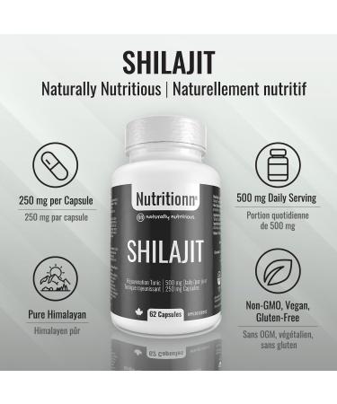 Shilajit Capsules - Pure Himalayan Organic Natural Shilajit for Men and Women - Rejuvenation Testosterone Supplement - 62 Premium Capsules x 250 mg 500 mg Daily Serving - Made in Canada - Nutritionn - Buy Online on GoSupps.com