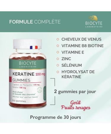 BIOCYTE Keratin Gummies - Anti-Hair Loss and Beauty Dietary Supplement - Keratin Vitamin E Zinc Selenium Biotin - 60 Gums - 30 Days - Buy Online on GoSupps.com