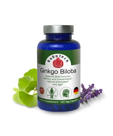 RaDoTech Ginkgo Biloba Memory Focus & Brain Function Support Antioxidant-Rich Plant-Based GMP Herbal Nootropic Vegetarian Capsules 120 Count (Pack of 1)