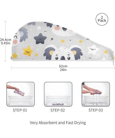 Cartoon Koala Face & Star Hair Towel 2 Pack | Super Absorbent Quick Dry Hair Turbans for Women & Girls - Buy Online on GoSupps.com