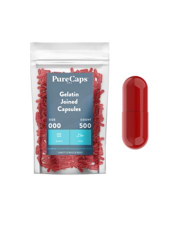 PurecapsUSA Empty Red Gelatin Pill Capsules - Fast Dissolving and Easily Digestible - Preservative Free with Natural Ingredients - (500 Joined Capsules) - Size 000 500 Count (Pack of 1) Red
