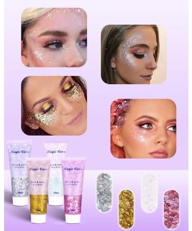 Shop Tidevan 4 Piece Body Glitter Gel 50ml Chunky Liquid Makeup for Face Hair Lips & Nails Perfect for Festivals & Parties in Silver Gold Pink & White - Buy Online on GoSupps.com