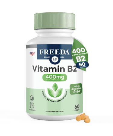 FREEDA Vitamin B2 400 mg Supplement with Riboflavin-5-Phosphate High Potency B2 Vitamins Riboflavin 400mg per Serving for Energy Metabolism & Nervous System Vegan VIT B 2 Small Tablets (60 Ct)