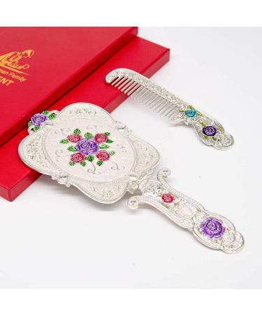YUSONG Vintage Handheld Mirror & Comb Set - Embossed Rose Small Vanity Mirror - Travel-Friendly Antique Hand Mirror - Gift for Women (Silver) - Buy Online on GoSupps.com