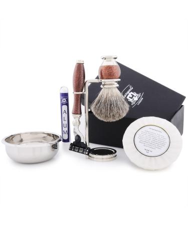 Haryali London 6pc Mens Shaving Kit 3 Edge Razor Super Badger Hair Brush Stand Soap Bowl and Alum Perfect Set For Men Maroon Copper Brown