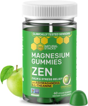 Zen Magnesium Gummies - 60ct Magnesium Citrate Stress Gummies w L Theanine - Vegan Sensoril Ashwagandha Gummies for Calm Support - Gluten-Free Magnesium Supplement Green Apple Flavor 60 Count (Pack of 1) Magzen