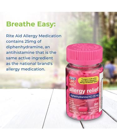 Rite Aid Allergy Relief 365 Minitabs - Diphenhydramine HCI 25mg Antihistamine - Small Easy-to-Swallow Tablets for Common Cold & Respiratory Allergies - Buy Online on GoSupps.com