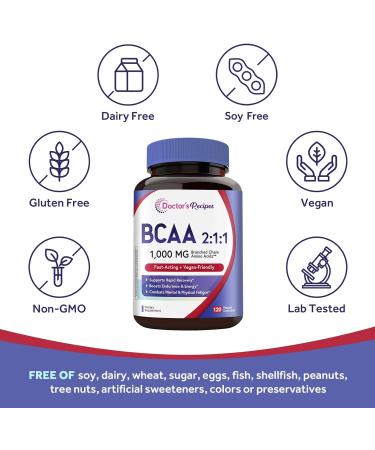 Doctor's Recipes BCAA 1000 mg 2:1:1 Ratio L-Leucine L-Isoleucine L-Valine Branched Chain Amino Acids Fast Recovery Endurance Energy Vegan 120 Capsules 120 Count (Pack of 1) - Buy Online on GoSupps.com