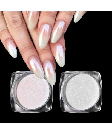 PrettyDiva Pearl Chrome Nail Powder - 2 Colors Pearl Powder Ice Transparent Aurora Chrome Nail Powder, High Gloss Pearlescent Iridescent Glitters Powder Metallic Pigment for Nails ice pearl