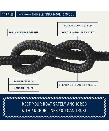 Rainier Supply Co. 100ft x 3/8 inch Boat Anchor Line | Double Braided Nylon Rope with 316SS Thimble and Snap Hook | Heavy Duty Marine Grade | Black - Buy Online on GoSupps.com