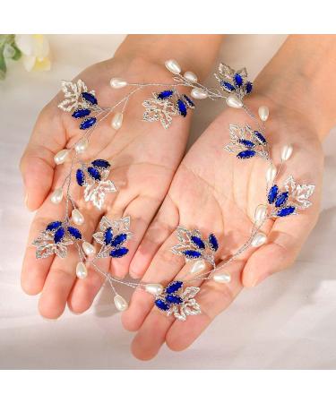 IYOU Bridal Wedding Hair Vine Blue Rhinestone Headband Leaf Pearl Prom Headpiece Accessories for Bride Bridesmaid - Buy Online on GoSupps.com