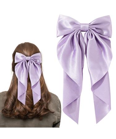 Bow Hair Clip Hair Bows for Women Big Bowknot Hairpin French Hair Clips with Long Ribbon Solid Color Hair Barrette Clips Soft Satin Silky Hair Bows for Women Girls(Purple)