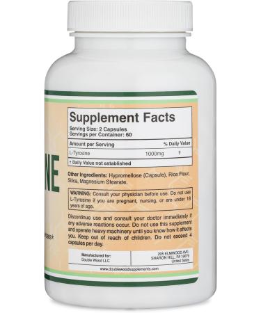 L-Tyrosine 1,000mg per Serving 120 Veggie Capsules (L Tyrosine Supplement for Memory Attention and Focus) Amino Acid Vegan Safe Non-GMO by Double Wood - Buy Online on GoSupps.com