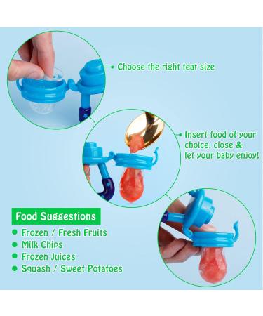 HAOBAOBEI Baby Food Feeder/Fruit Pacifier Teether (2 Pack) with 3 Silicone Pouches - Blue & Green - Buy Online on GoSupps.com