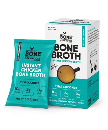 Bone Brewhouse - Chicken Bone Broth Protein Powder - Thai Coconut Flavor - Keto & Paleo Friendly - Instant Soup Broth - 10g Protein - Natural Collagen, Gluten-Free & Dairy free - 5 Individual Packets 1 Pack