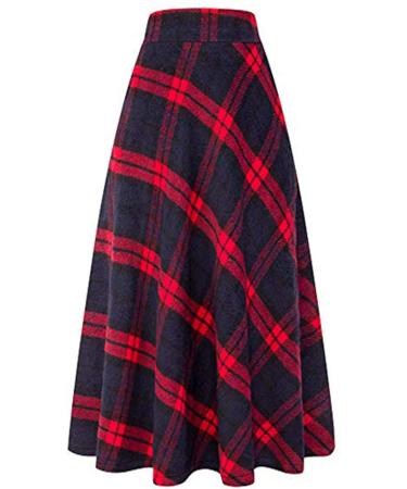 Sanahy Women's High Waist Plaid Maxi Skirt - A-line Winter Wool Skirt with Pockets | S Red - Buy Online on GoSupps.com