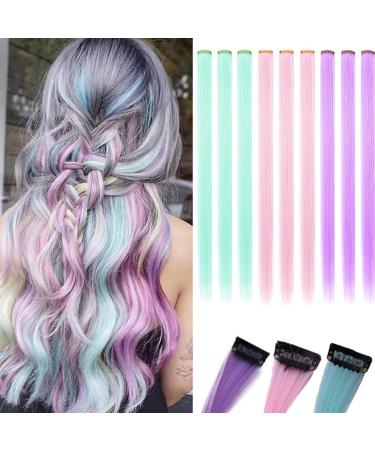 KARLOR Coloured Hair Extensions 9 Pieces Light Purple & Mint Blue & Light Pink Hairpiece Dyed Hair Strands Colourful Straight Hairpiece Clip in Hair Extensions Party Costumes Fancy Dress Cosplay