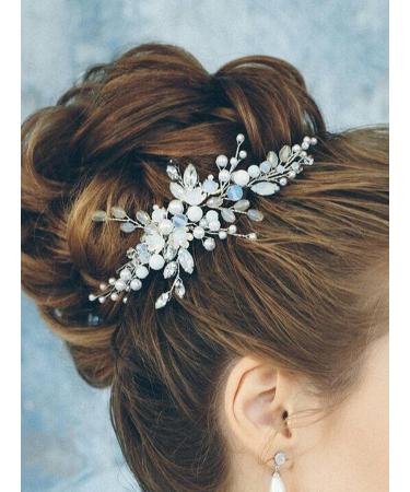 Kercisbeauty Vintage Wedding Light Blue Pearl Rhinestones and Crystal Side Headband for Bride Bridesmaids Headpiece for Prom Bun Hair Accessory (Rose Gold)