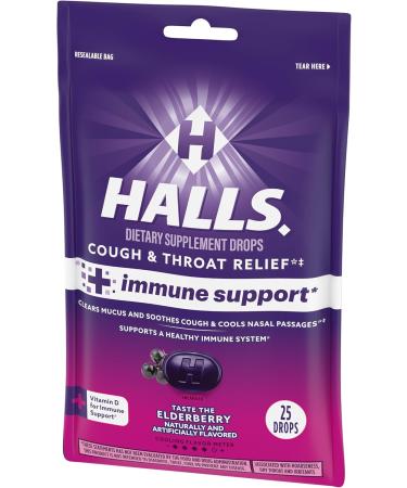HALLS Cough and Throat Relief + Immune Support Elderberry Flavor Cough Drops 25 Drops - Buy Online on GoSupps.com