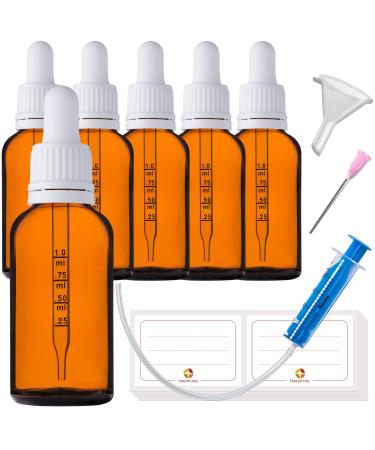 Handsunity 30ml-6Stk pipette glass bottle-amber glass pharmacy glass set with white pipette lock including 17 pieces of aids brown las bottles 30ml-6 pieces White cap