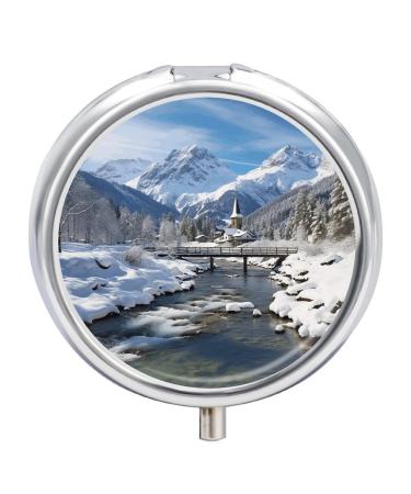 Pill Box Pill Case 3 Compartment Travel Pill Box Winter Landscape in The Bavarian Alps Printing Small Pill Box Portable Medicine Pill Case Pill Organizer for Purse & Pocket for Travel Handbag (Round)
