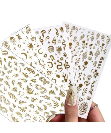 SONGJIE 4 Sheets Gold Nail Stickers Bronzing Rose Snake Eyes Heart Nail Art Decorations 3D Self-Adhesive Stickers for Fake Nail Design Decorations and Salon Nails Accessories