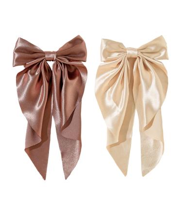 Yuyeran 2Pcs Super Big Bow Hair Clips French Style Soild Color Knotted Bowknot Spring Snap Barrettes Hair Clips with Long Ribbon for Women Girls (Champagne+Brown)