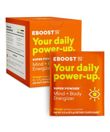 EBOOST Energy Drink & Electrolyte Powder, 20 Packets - Super Powder Orange with No Added Sugar - Essential Blend of Vitamins, Nootropics & Natural Caffeine and Hydration - Pre & Post Workout