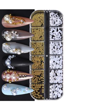 1 Box Gold Caviar Beads for Nails Charms Half Round Pearl Nail Charms Nail Jewels for Nail Art Kit Small Stainless Steel Beads White Pearl Beads Flat Back Pearls for Crafting Charms for Nails Design