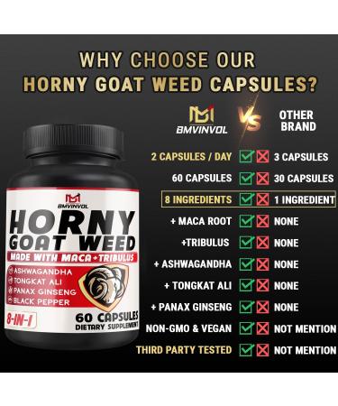 BMVINVOL Horny Goat Weed Capsules with Panax Ginseng Tribulus Ashwagandha Maca Tongkat Ali Nettle Black Pepper - 60 Capsules - Buy Online on GoSupps.com