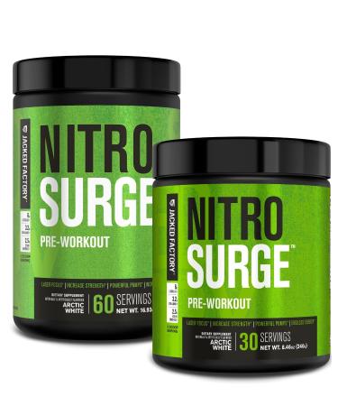 Jacked Factory NITROSURGE Pre Workout Supplement - Endless Energy Instant Strength Gains Clear Focus Intense Pumps - NO Booster & Powerful Preworkout Energy Powder - 90 Servings Arctic White