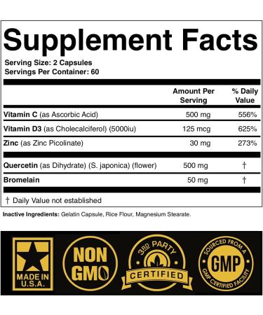 SPARTIS High Potency Zinc Quercetin 500mg with Vitamin C, D3, and Bromelain - Immune Support Supplement - 120 Caps - Buy Online on GoSupps.com