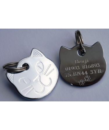 Paradise Pets Personalised Solid Chrome Durable Cat Head Pet ID Tag Disc (ENGRAVED FREE WITH PAW PRINTS & YOUR DETAILS ON REVERSE)