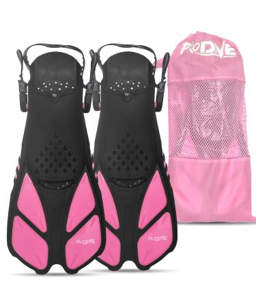PRODIVE Snorkel and Swim Fins  Adjustable Open-Heel, Short-Blade Snorkeling and Diving Flippers Add Efficiency to Swimming and Diving  Sizes to Fit Men, Women and Kids  Compact and Great for Travel Pink S/M