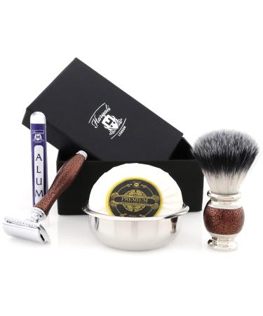 Old School Men's Shaving Set ft Synthetic Brush DE Safety (Blades Not Included) Engraved Bowl & Soap| Gift for Him