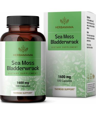 HERBAMAMA Sea Moss Capsules - Sea Moss Bladderwrack Supplement for Immunity Thyroid Digestive Health & Joint Support - Organic Irish Sea Moss Superfood - Non-GMO 1600mg 100 Vegetarian Caps 100 Count (Pack of 1)