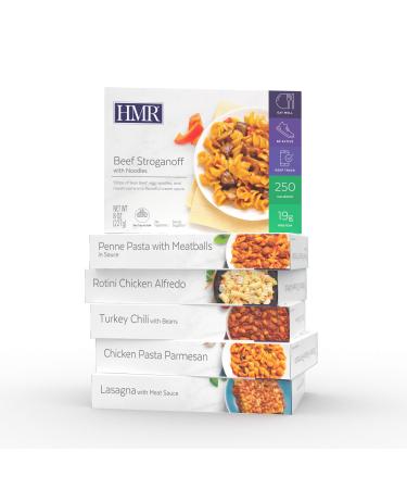 HMR Customer Favorites Entree Pack 1 ea Penne Pasta w/Meatballs Rotini Chicken Alfredo Beef Stroganoff Lasagna w/Meat Sauce Chicken Pasta Parmesan Turkey Chili 7–8 oz. Servings 6 Meals - Buy Online on GoSupps.com