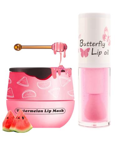 2Pcs Watermelon Lip Balm Honey Pot Lip Mask & Lip Glowy Oil Lip Care Set Propolis Moisturize & Nourish Lip Gloss Repair Reduce Lip Line & Protect & Plump Dry Cracked Lip Scrub Exfoliator -Set C