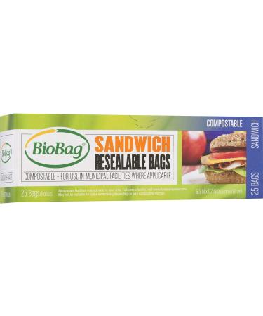 BioBag 100% Certified Compostable Resealable Sandwich Bags, 25 Count, Perfect for Lunches, Snacks, and On The Go
