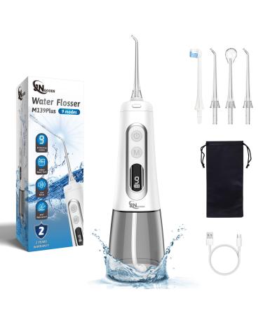 Water Dental Flosser oral irrigator JNGOODS 300ml Rechargeable water flosser for teeth IPX7 Waterproof 9 Modes portable Oral Irrigator LED display with 4 jet tips Travel Home use (White)