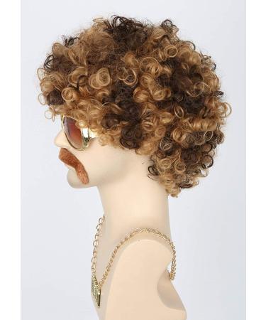 Topcosplay Men's 70s 80s Disco Dude Dirt Bag Wig & Moustache Necklace 3-Piece Set - Short Curly Afro Shaggy Wig Blonde Black Brown - Buy Online on GoSupps.com