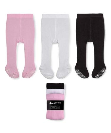 LA Active Baby Tights - Cozy Warm Winter Tights - Baby Toddler Infant Newborn Non Skid/Slip Grip Cotton 3-6 Months Pink / White / Black - 3 Pairs