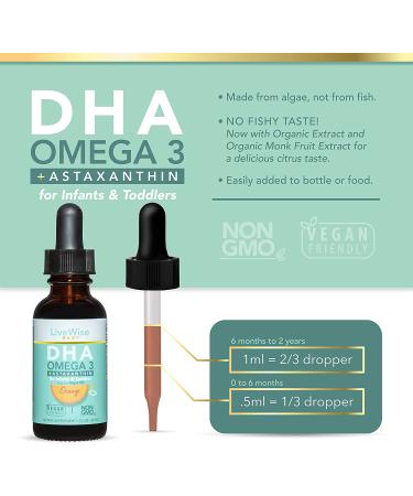 Baby Vitamin DHA Omega 3 Liquid Drops with Astaxanthin - Vegan Friendly Supplement for Healthy Brain, Eyes & Immune System - Organic Orange Oil for Great Taste - Buy Online on GoSupps.com