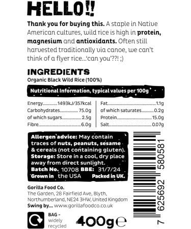 Organic Black Wild Rice - Gorilla Food Co. - 400g (Pack of 1) - Buy Online on GoSupps.com