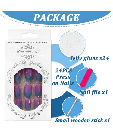 24 Pieces Short Blue Purple Gradient Press On Acrylic Nails - Ballerina Artificial Fingernails for Women & Girls - Perfect Nail Art Manicure - Buy Online on GoSupps.com